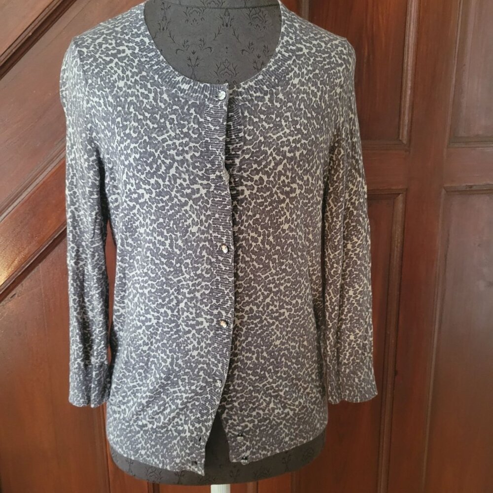 Talbots Womens Leopard Print Cardigan Sweater Medium Cotton & Rayon Blend Gray &